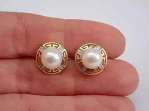Aretes vintage de perlas naturales de corte redondo de 2 quilates enchapados en oro amarillo de 14 k para mujer - Imagen 1 de 6
