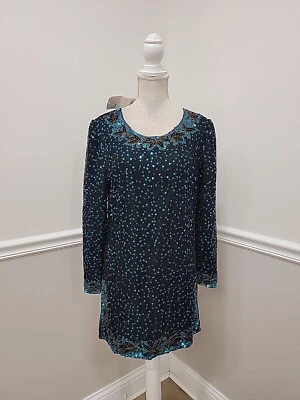 Túnica de manga larga con cuentas lentejuelas negras/azules Laurence Kazar vintage nueva con etiquetas S Foto 1 de 4