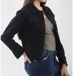 Women's Black Ripped Denim Jacket - Picture 1 of 6