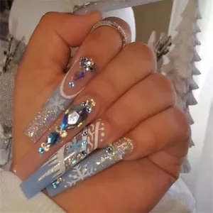 24pcs Christmas False Nail Diamond Long Coffin Press on Nails for Nail Art Salon - Picture 1 of 5
