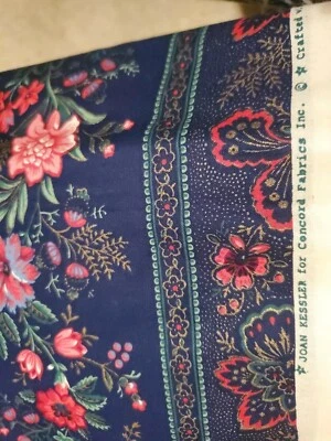 Vntg Sewing Fabric Concord Joan Kessler Floral Stripe Red Navy 1.2ydx45" Cotton - Image 1 of 4