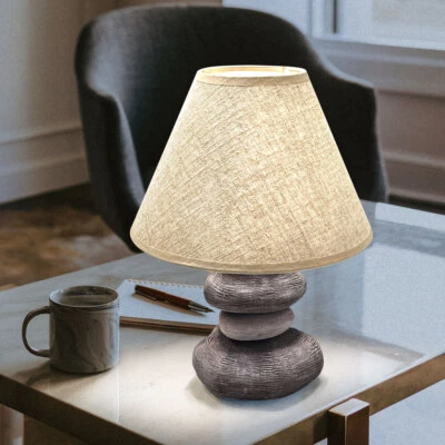 ETC-SHOP Tischlampe Beistellleuchte Leselampe Steinoptik grau Textil Schirm braun D 25 cm