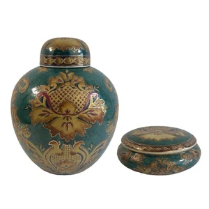 Collectible Chinese Cloisonné Porcelain Ginger Jar Vase & Bowl Set Hand Painted - Picture 1 of 17
