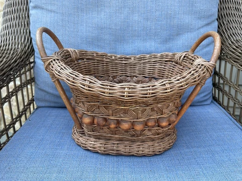 VTG Oval Wicker Basket Stick &Ball w/ beads 8” tall x 13” wide Cover