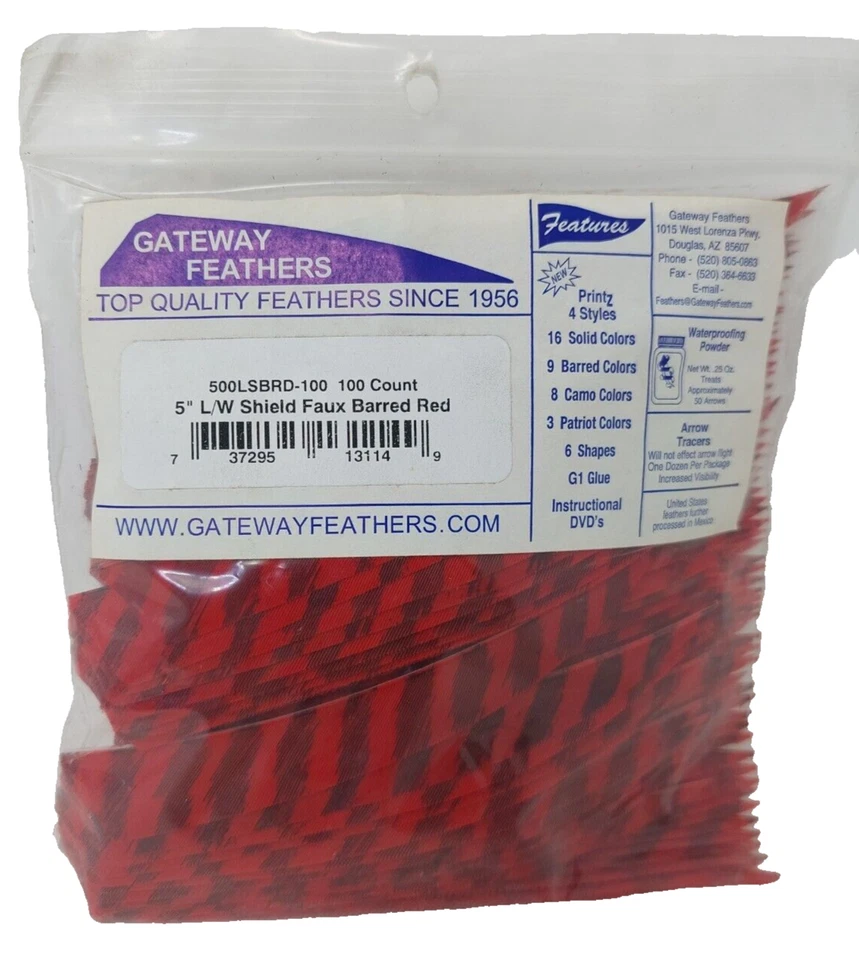 100 Pack Gateway Feathers 5" Left Wing: Shield Faux Barred Red 500LSBRD-100 - Image 1 of 3