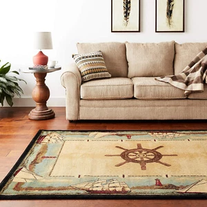 5x8 Nautical Coastal Lighthouse Sailboat Area Rug - Picture 1 of 5
