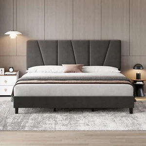 Modern King Size Bed Frame w/Linen Upholstered Headboard Platform Bed Frame Gray - Picture 1 of 7