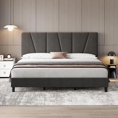 Modern King Size Bed Frame w/Linen Upholstered Headboard Platform Bed Frame Gray - Image 1 of 4
