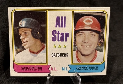 1974 Topps #331 All-Star Catchers Carlton Fisk/Johnny Bench Salón de la fama Rojos Medias Rojas Foto 1 de 2