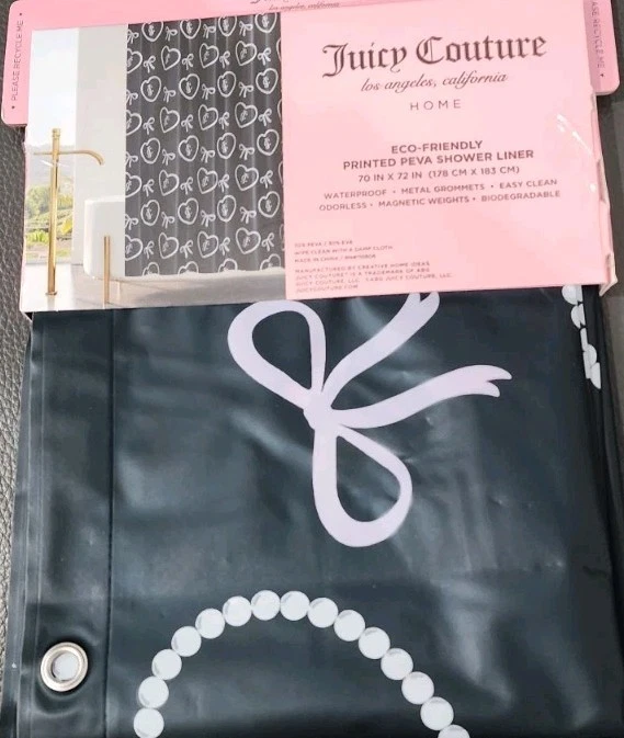 New Juicy Couture Home Hearts Bows Black Eco PEVA Shower Curtain Liner Y2K - Image 1 of 4