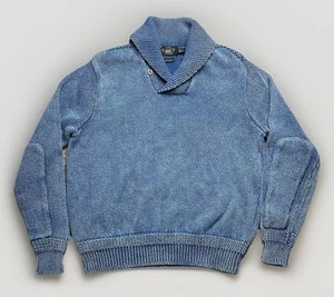 RRL Ralph Lauren Faded Indigo Blue Shawl Sweater XXL Slim Fits XL Nautical - Picture 1 of 19