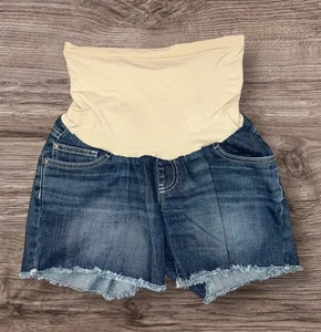 Indigo Blue Maternity Denim Cut Off Shorts Raw Hem Full Belly Panel Size Medium - Picture 1 of 3