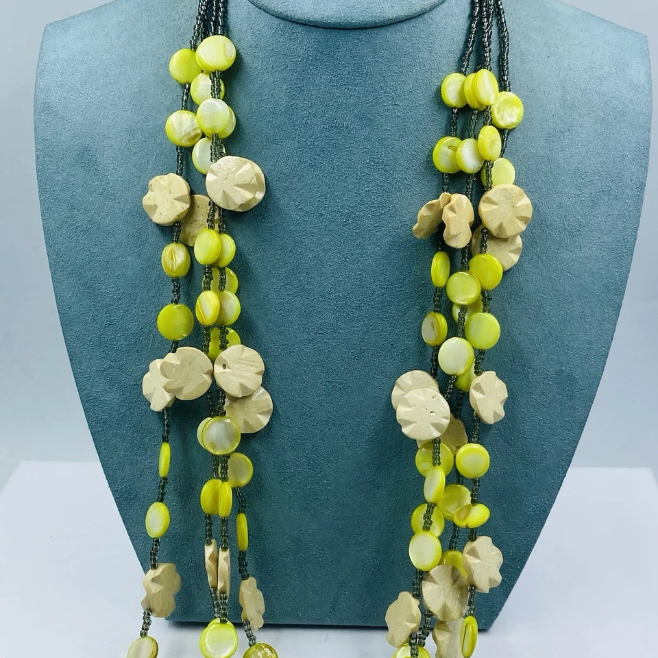 Multi Strand Necklace Mother Of Pearl Wooden Beaded Layered 26" Long - Image 1 of 4