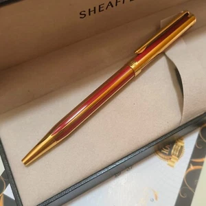 24k Gold Plated Sheaffer Ballpoint Writing Pen Red Stripe Pattern Gift Boxed - Picture 1 of 5