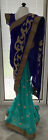 Used Royal blue &amp; Terquoise &amp; gold design Indian Sari with pre-stitched blouse