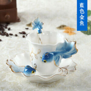 Fashion Hand Crafted Porcelain Enamel Goldfish Coffee Cup Saucer Spoon Suit Gift