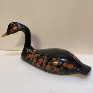 Cigno d'anatra legno cavo intagliato a mano dipinto stile Jo Sonja Jansen rose rosa - Foto 1 di 13