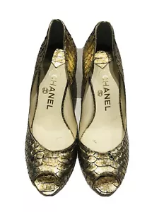 CHANEL Paris CC Gold Snakeskin Open Toe Heels Shoes - Picture 1 of 7