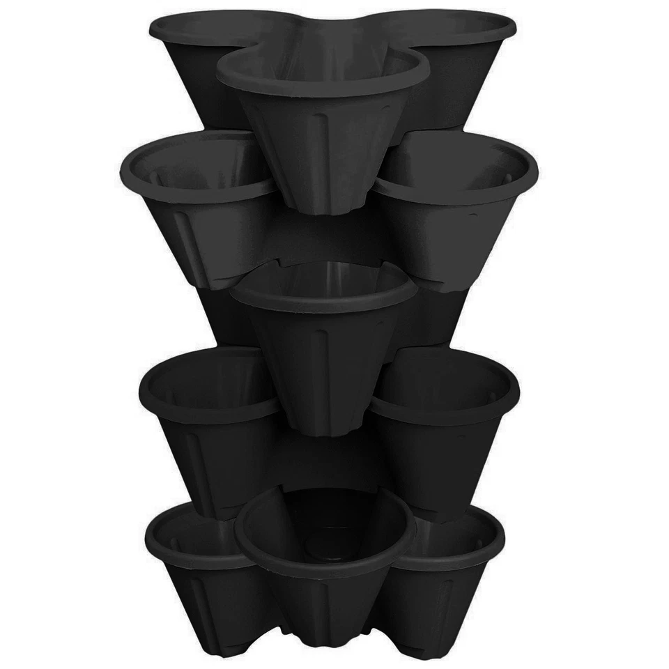 6 x Strawberry Planter Trio Stacking Stackable Garden Plastic Plant Pot Black - Image 1 of 1
