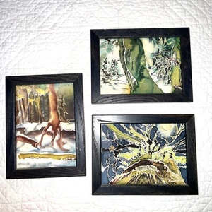 90s forest landscape original Paintings signed handmade batik silk set of 3 - Picture 1 of 14