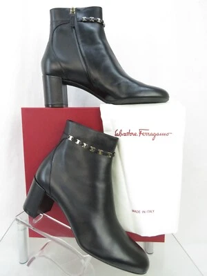 $1050 BOTINES FERRAGAMO GHILA CUERO NEGRO VARA GANCINI CADENA CREMALLERA TACÓN 11 C Foto 1 de 4