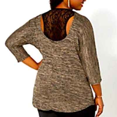  Women's Plus 1X Cutout Lacey Racerback 3/4 Sleeve Hacci Tan T-Shirt Top - Image 1 of 4