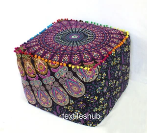New Indian Mandala Square Ottoman Handmade Pouf Cover Footstool Seating Cover - Picture 1 of 49