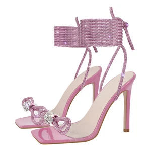 Sandalias Onlymaker para mujer punta abierta diamante con cordones tacones de aguja al tobillo con tiras zapatos - Imagen 1 de 5