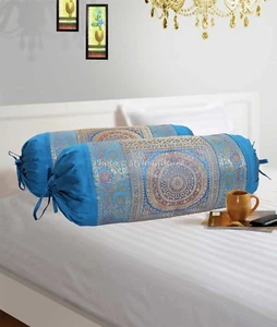 Indian Long Round Pillow Yoga Massage Bolster Beige Silk Cushion Cover Cylinder - Picture 1 of 5
