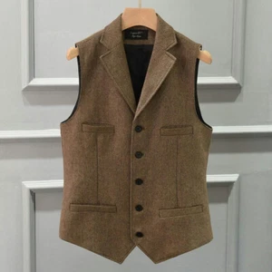 Brown Retro Men's Tweed Vest Business Formal Dress Vest Casual Short Waistcoat - Picture 1 of 11