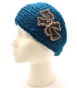Winter Mudd Women Headband Crocheted Teal Blue Black Bow With Stones New 3146