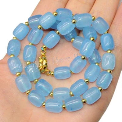 Fino collar de cuentas de piedras preciosas cilindro barril aguamarina azul 9x11 mm 14-56 pulgadas Foto 1 de 4