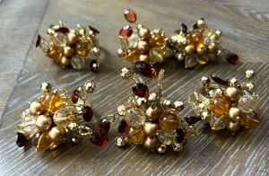 Vintage Gold Amber Beaded napkin Rings set of 6 Beautiful colors holiday Table - Picture 1 of 6