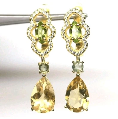 925Sterling Silber Ohrstecker HÄNGER Echte Edelsteine Citrin ,Peridot 18KVergold - Bild 1 von 4