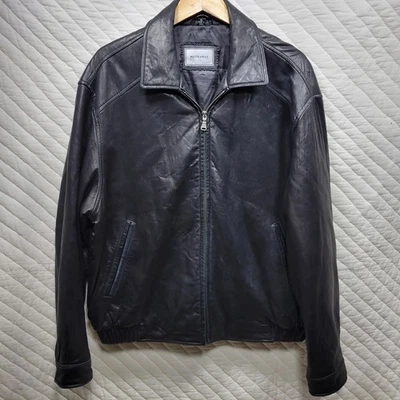 Chaqueta Hathaway Para Hombre XL Cuero Negro Bombardero Cremallera Completa Dobladillo Elástico Forrado Bolsillos Foto 1 de 4