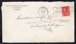 CANADA 1922 Winnipeg Cover Front with OHN Perfin. Osler Hammond & Nanton - Picture 1 of 2