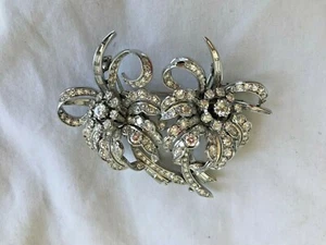 Late Art Deco Platinum and Diamond Double Clip Flower Brooch - Picture 1 of 12