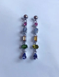 Natürliche Multi Edelstein Ohrhänger 925 Sterling Silber Handarbeit Schmuck Geschenk - Bild 1 von 16