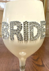 New * Bride White Wine Glass With Glitter Lettering And Trim , Tall Stem