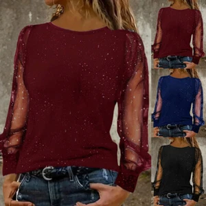 Women Mesh Pullover Solid Round Neck Long Sleeve Elegant Tops Sequin Blouses Tee - Picture 1 of 26