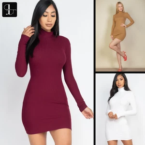 Ribbed Mock Neck Bodycon Mini Dress - Sleek, Flattering Fit, Versatile Style - Picture 1 of 16
