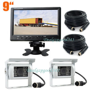 2x White 4Pin Car Reverse Backup Rear View Camera + 9" Monitor for Bus Truck 15m