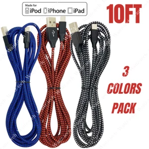 3Pack Braided USB Charging Cable 10Ft For Apple iPhone 12 11 8 iPad Charger Cord - Picture 1 of 9