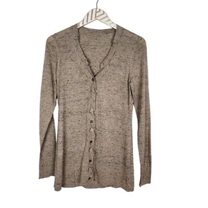 ELIE TAHARI Sweater Womens XS? Metallic Marled Oatmeal Cardigan Ruffle V Neck - Picture 1 of 8