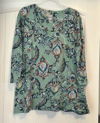 Túnica Chico’s Verde Multi Floral Tejida Cuello Redondo Manga 3/4 Talla 3 XL Foto 1 de 4
