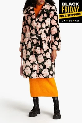RRP €381 JAKKE. Katrina Faux Fur Long Coat UK10 US6 IT42 M Pink Floral Belted - Image 1 of 4