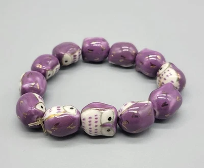 ¿Cerámica morada? Pulsera elástica pintada a mano con cuentas de pájaro búho B1A Foto 1 de 4