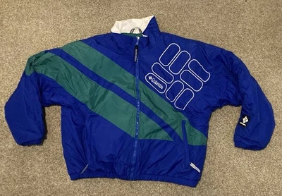 Chaqueta de invierno Columbia vintage años 90 abrigo acolchado azul verde rayas logotipo grande XL Foto 1 de 4