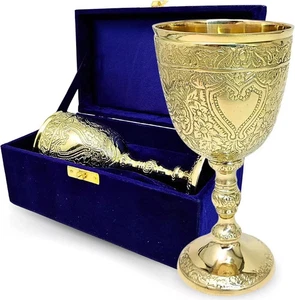 Vintage-Style Handmade Brass Chalice Communion Goblet Embossed Cup with Box - Picture 1 of 8