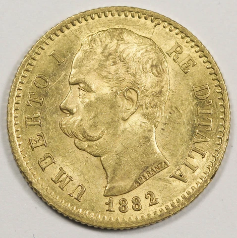 ITALY 1882 R 20 Lire Gold Coin Rome Mint Umberto I AU/UNC 0.1867 AGW Cover